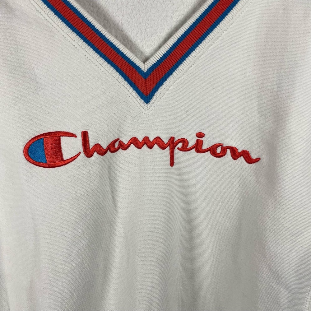 Champion Sweatshirt Heritage V-Neck Striped Trim White Small - Picture 5 of 7